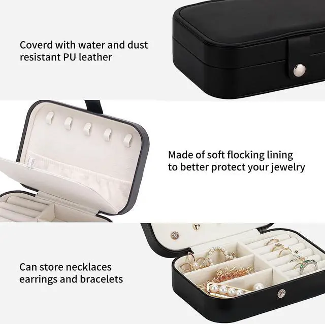 Alt view image 7 of 7 - anicestore Travel Jewelry Box, PU Leather Small Jewelry Organizer for Women Girls, Portable Mini Travel Case Display Storage Holder Boxes for Stud Earrings, Rings, Necklaces, Bracelets (Black)