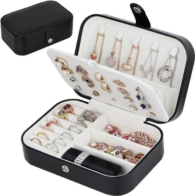 Main image of anicestore Travel Jewelry Box, PU Leather Small Jewelry Organizer for Women Girls, Portable Mini Travel Case Display Storage Holder Boxes for Stud Earrings, Rings, Necklaces, Bracelets (Black)