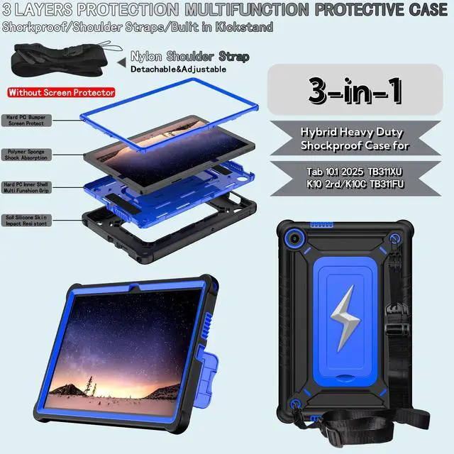 Alt view image 3 of 7 - anicestore Case for Lenovo Tab 10.1 inch 2025 Model TB311FU / TB311XU Hybrid Protective Case Cover with Kickstand Lightning Design and Shoulder Strap - Blue
