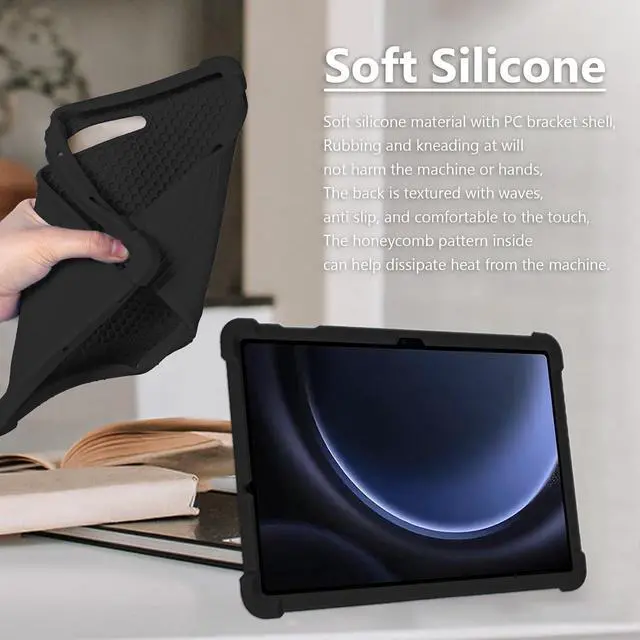 Alt view image 6 of 7 - anicestore Case for Samsung Galaxy Tab S10 Lite/Tab S10 FE/ S9 FE 5G 10.9 Inch / Tab S9 11 Inch Tablet with 2PCS Tempered Glass Screen Protector - Kid-Friendly Silicone Adjustable Stand Cover (Black)