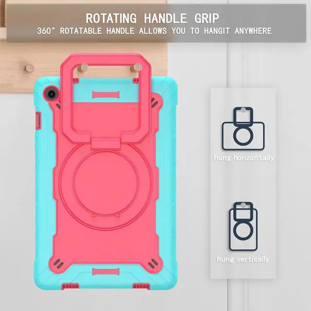 Alt view image 3 of 6 - Galaxy Tab A11+ / A9+ Case 11" - Full Body Rugged Protective Cover with Rotating Grip Magic Stand and Shoulder Strap Case for Samsung Galaxy Tab A11+ Plus 2025 / A9+ Plus 11 Inch Tablet - Teal/Pink
