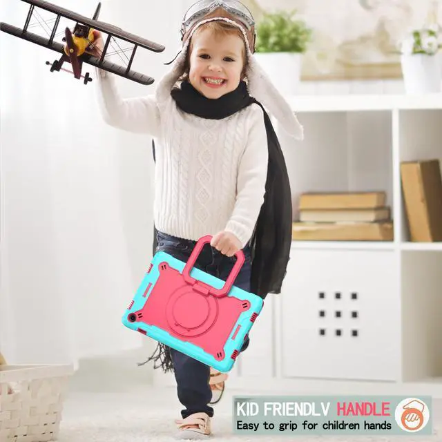 Alt view image 5 of 6 - Galaxy Tab A11+ / A9+ Case 11" - Full Body Rugged Protective Cover with Rotating Grip Magic Stand and Shoulder Strap Case for Samsung Galaxy Tab A11+ Plus 2025 / A9+ Plus 11 Inch Tablet - Teal/Pink