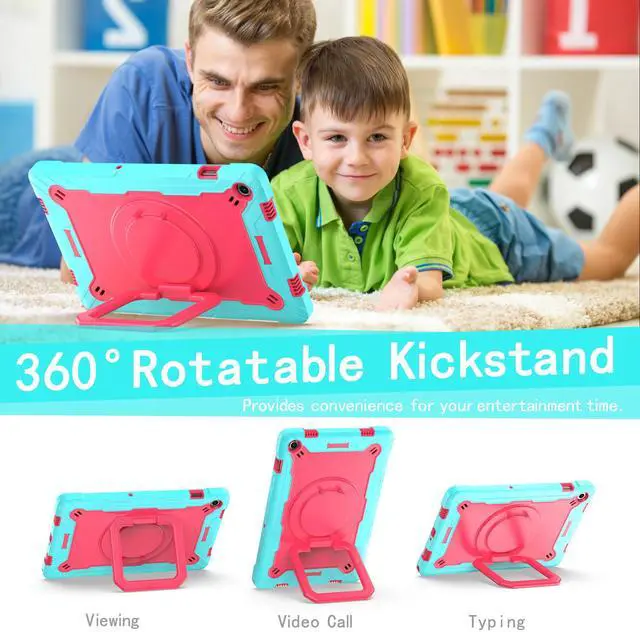Alt view image 2 of 6 - Galaxy Tab A11+ / A9+ Case 11" - Full Body Rugged Protective Cover with Rotating Grip Magic Stand and Shoulder Strap Case for Samsung Galaxy Tab A11+ Plus 2025 / A9+ Plus 11 Inch Tablet - Teal/Pink