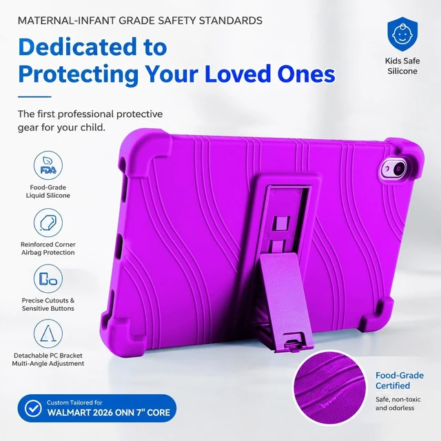 Alt view image 6 of 7 - Case For Onn 7" Tablet (2026 Model), Kids Friendly Soft Silicone Adjustable Stand Cover Case for Onn 7 inch Core Tablet Gen 5 (Model: 36020962) 2026 Release + 1 Random Color Stylus - (Purple)