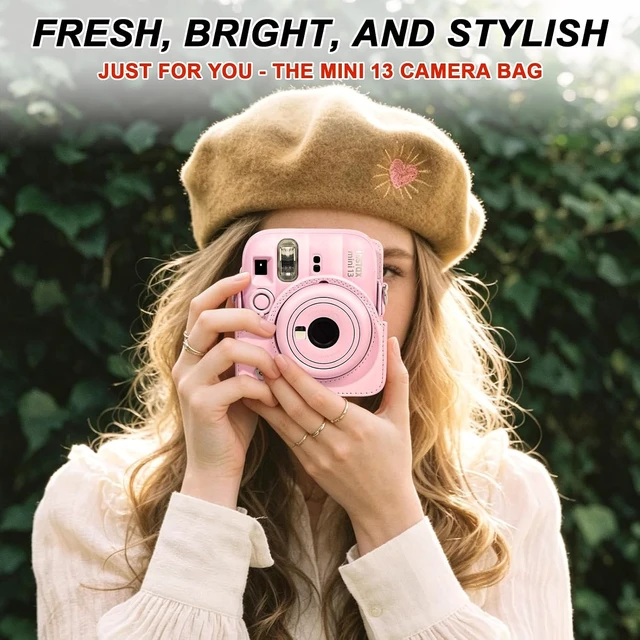 Alt view image 3 of 7 - Camera Case for Fujifilm Instax Mini 13 Instant Camera - PU Leather Bag Protective Cover, Camera Crossbody Bag for Fuji Mini 13 with 64 Photo Album 2x3, and Adjustable Shoulder Strap, No Camera (Pink)