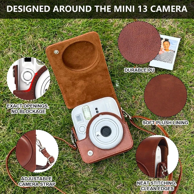 Alt view image 4 of 7 - Camera Case for Fujifilm Instax Mini 13 Instant Camera -PU Leather Bag Protective Cover, Camera Crossbody Bag for Fuji Mini 13 with 64 Photo Album 2x3, and Adjustable Shoulder Strap, No Camera (Brown)