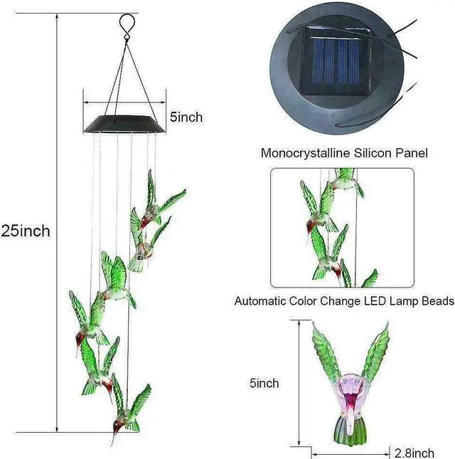 Alt view image 2 of 5 - Solar Wind Chime Light, EpicGadget Solar Powered Color Changing LED Hanging Hummingbird Wind chime Light for Outdoor Indoor Gardening Yard Pathway Decoration  (Green Wing)