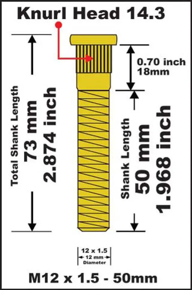 Alt view image 4 of 4 - 50mm Long Extended Wheel Stud For Toyota MR2 MR-2 m12x1.5x50 Knurl : 14.22 mm = 0.559 inch 10pcs Studs Year 1991-1995 V-Project