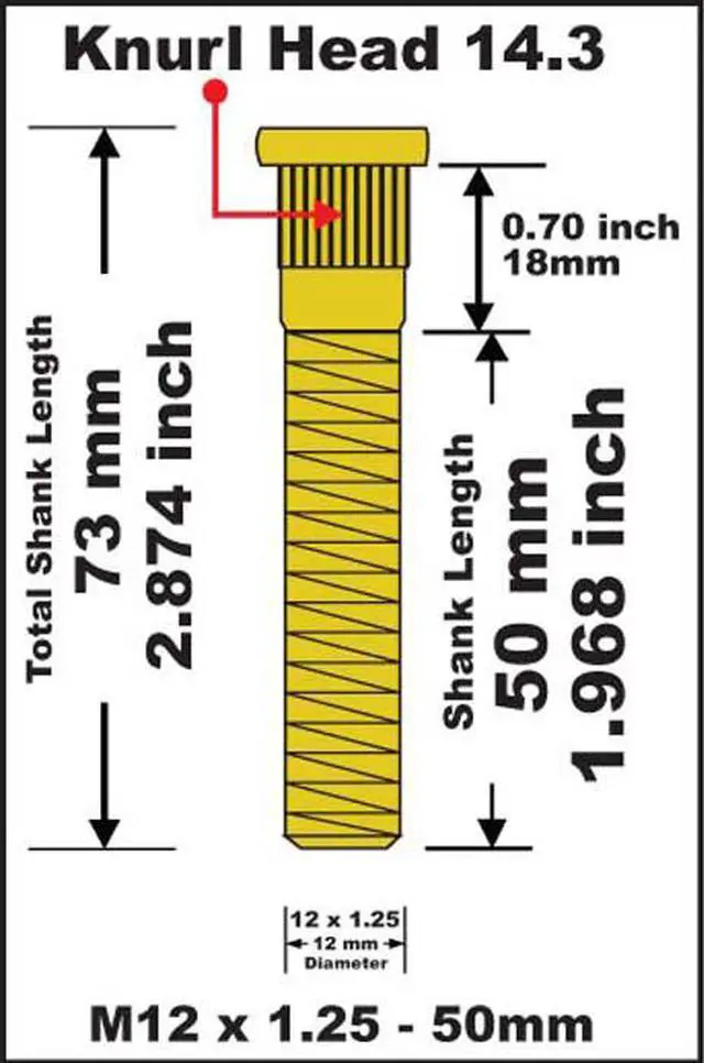 Alt view image 4 of 4 - 50mm Long Extended Wheel Stud For Nissan 350Z Roadster Type Z33 m12x1.25x50 Knurl : 14.3 mm = 0.565 inch 10pcs Studs Year 2004-2009 V-Project