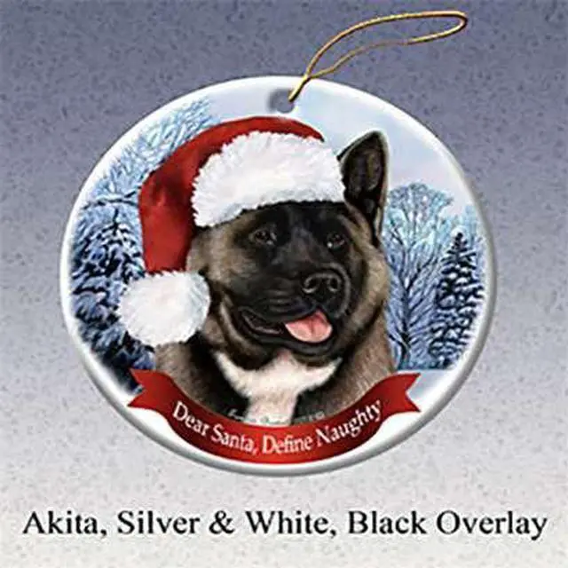 Alt view image 2 of 2 - Holiday Pet Gifts Akita (Silver & Red) Santa Hat Dog Porcelain Christmas Tree Ornament