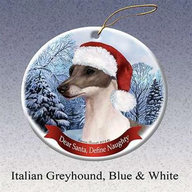 Alt view image 2 of 2 - Holiday Pet Gifts Italian Greyhound, Blue and White Santa Hat Dog Porcelain Christmas Tree Ornament