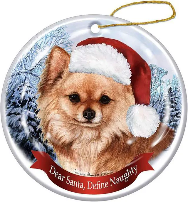 Alt view image 2 of 2 - Holiday Pet Gifts Chihuahua Longhaired Red Santa Hat Dog Porcelain Christmas Tree Ornament