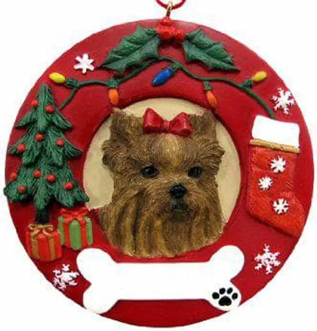 Main image of Yorkie Yorkshire Terrier Christmas Ornament Wreath Shaped Easily Personalized
