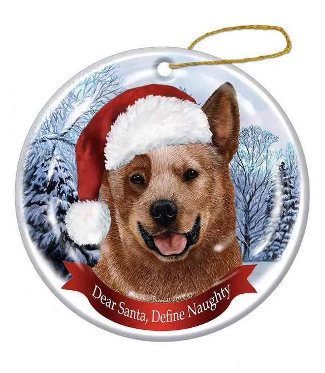 Alt view image 2 of 2 - Holiday Pet Gifts Australian Cattle (Red) Santa Hat Dog Porcelain Christmas Tree Ornament