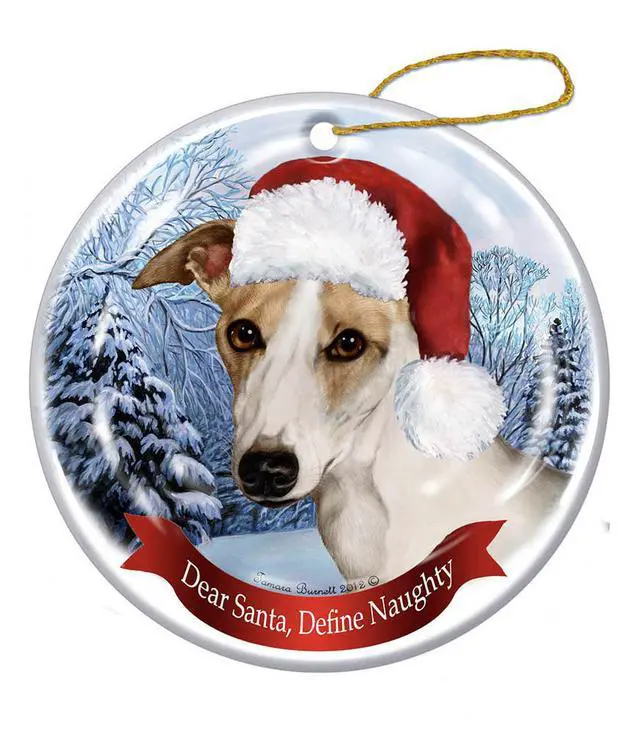 Alt view image 2 of 2 - Holiday Pet Gifts Whippet (Tan) Santa Hat Dog Porcelain Christmas Tree Ornament