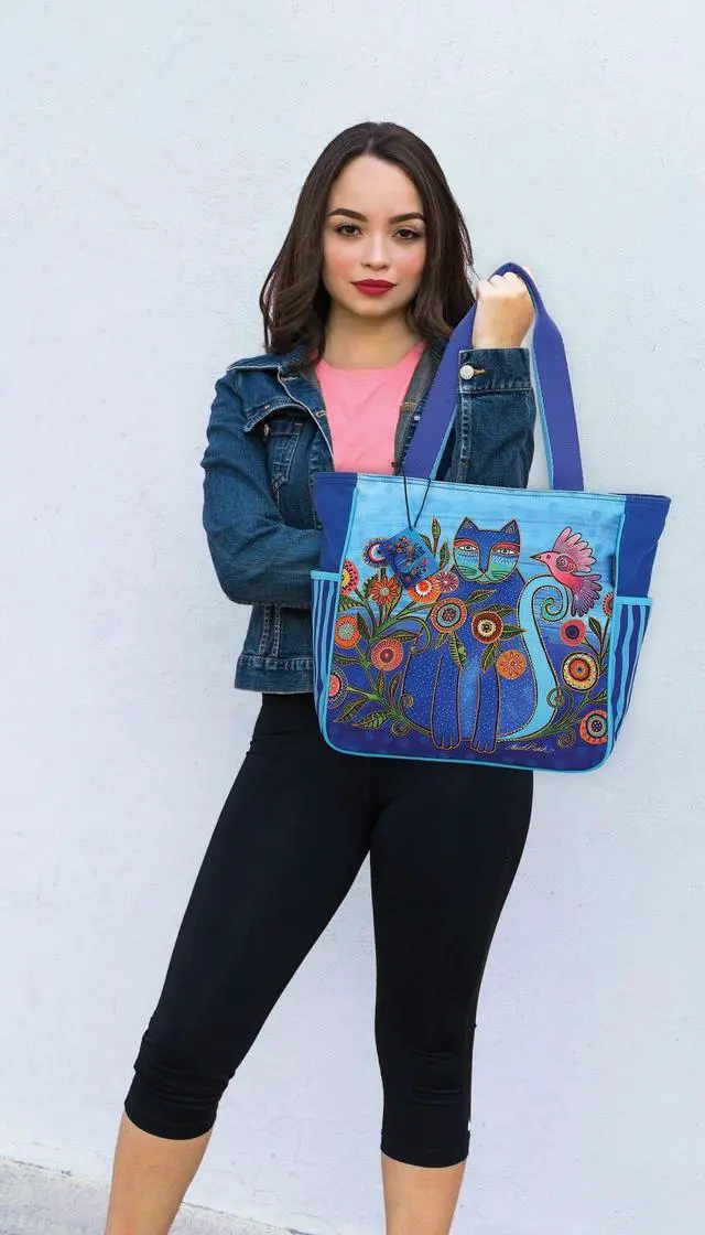Alt view image 2 of 2 - Sun 'N' Sand Laurel Burch Shoulder Tote Zipper Top 13"X6"x13"-Cerulean Cat