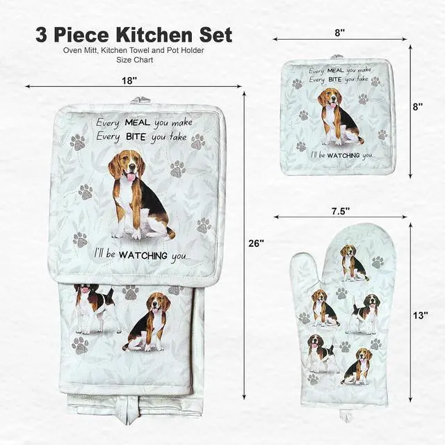 Alt view image 2 of 2 - E&S Pets Basset Hound Dog 3 Piece Kitchen Set - Oven Mitt, Towel, Pot Holder