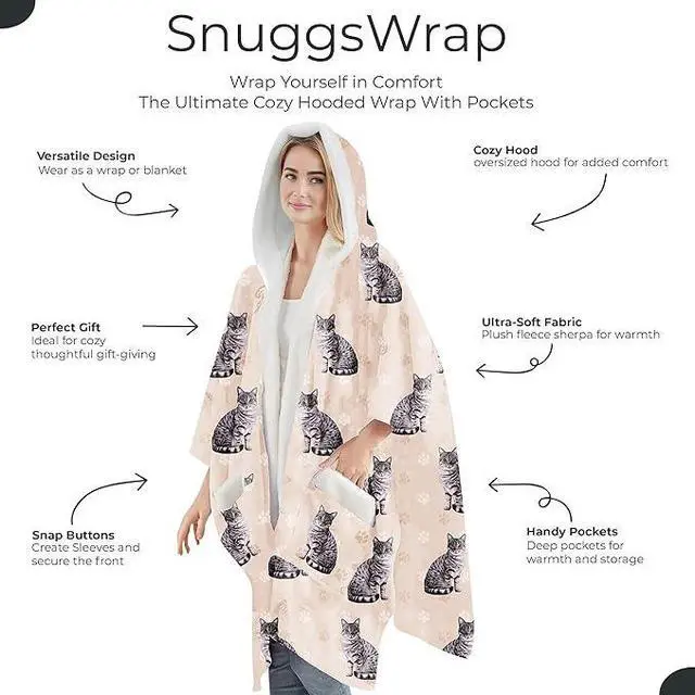 Alt view image 2 of 3 - E&S Pets Snuggs Blanket Hoodie for Women Soft Fleece Wrap, Silver Tabby Cat