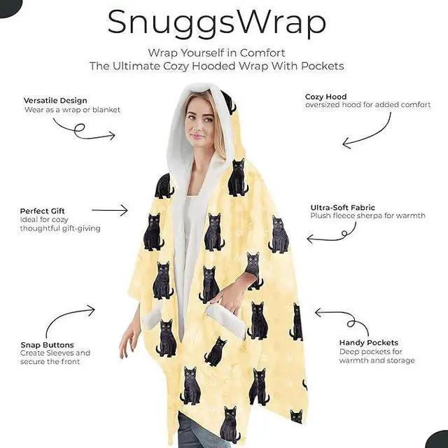 Alt view image 2 of 3 - E&S Pets Snuggs Blanket Hoodie for Women Soft Fleece Wrap, Black Cat