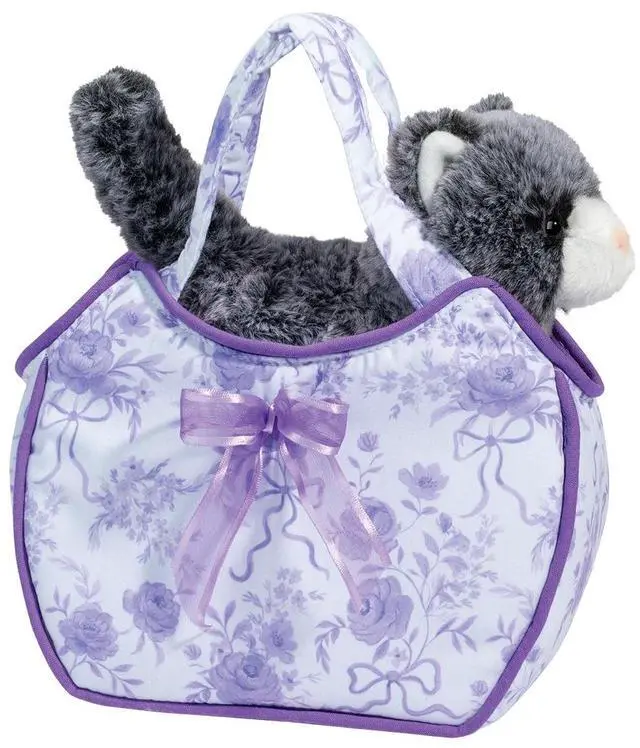 Main image of Douglas Fancy Flower Sak Tote with Gray & White Cat Plush Stuffed Animal Toy, 7"