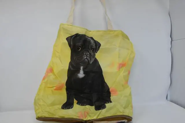 Alt view image 2 of 3 - Black Pug Foldable Tote Bag - Waterproof - Zipper Market Tote