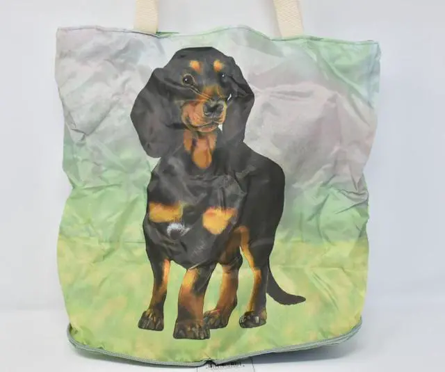 Alt view image 2 of 3 - Black Dachshund Foldable Tote Bag - Waterproof - Zipper Market Tote