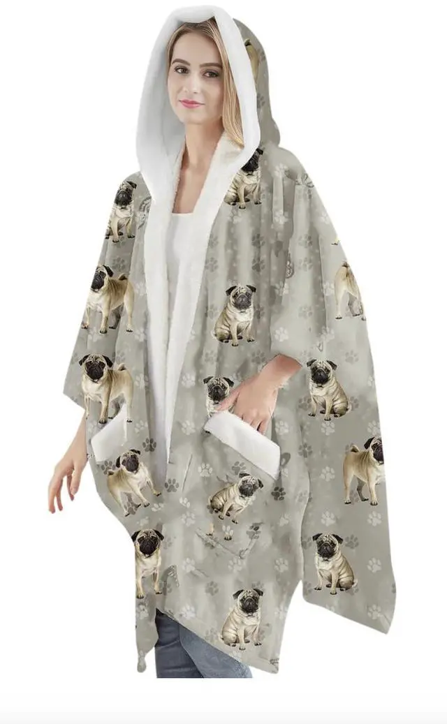 Main image of E&S Pets Snuggs Blanket Hoodie for Women Soft Fleece Wrap, Pug