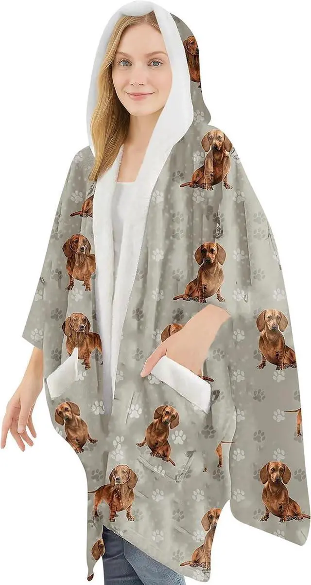 Main image of E&S Pets Snuggs Blanket Hoodie for Women Soft Fleece Wrap, Red Dachshund