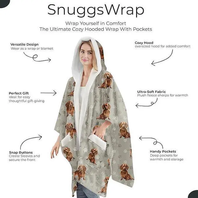 Alt view image 2 of 3 - E&S Pets Snuggs Blanket Hoodie for Women Soft Fleece Wrap, Red Dachshund