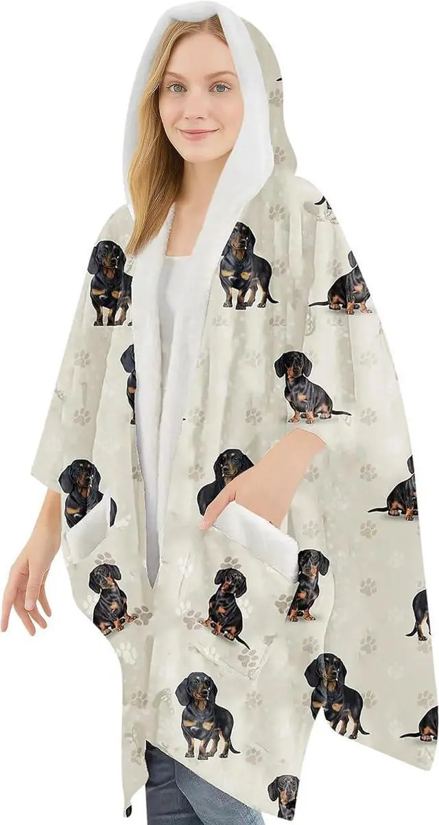 Main image of E&S Pets Snuggs Blanket Hoodie for Women Soft Fleece Wrap, Black Dachshund