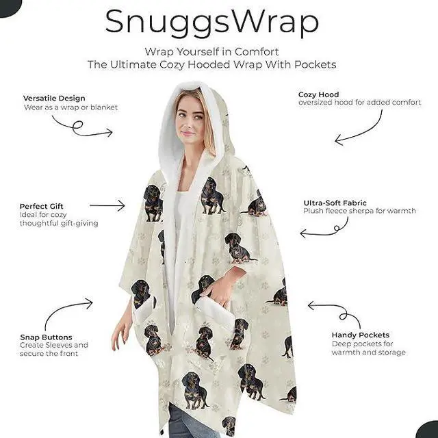 Alt view image 2 of 3 - E&S Pets Snuggs Blanket Hoodie for Women Soft Fleece Wrap, Black Dachshund