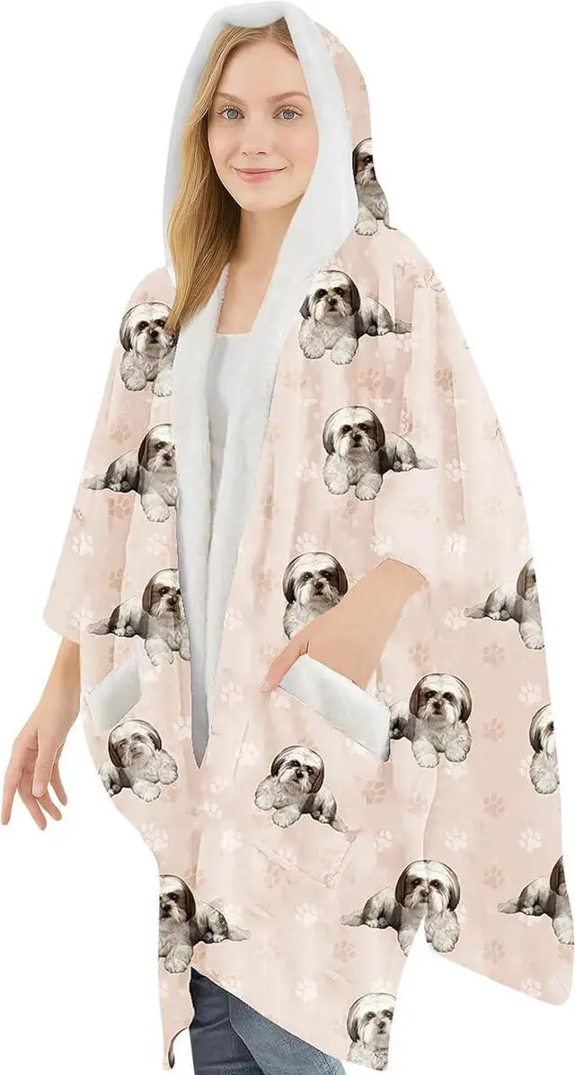 Main image of E&S Pets Snuggs Blanket Hoodie for Women Soft Fleece Wrap, Tan White Shih Tzu