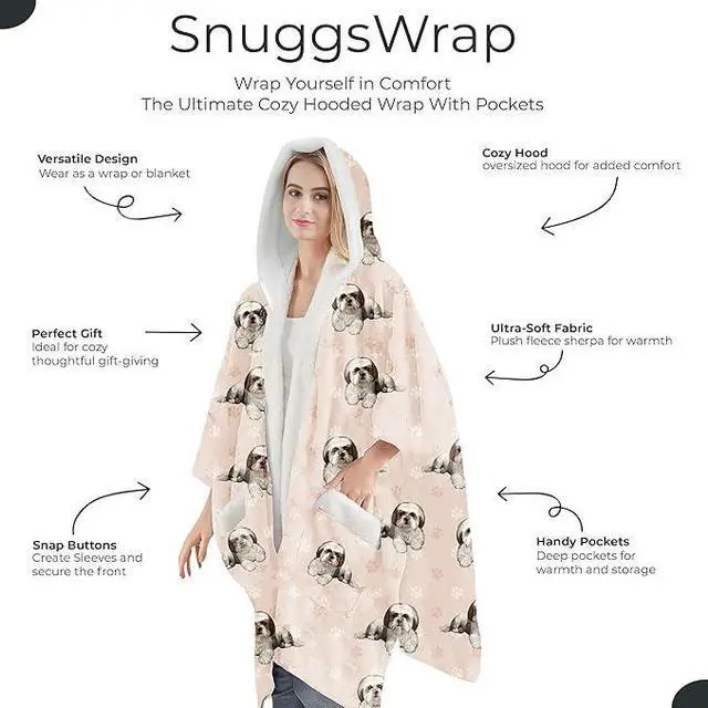 Alt view image 2 of 3 - E&S Pets Snuggs Blanket Hoodie for Women Soft Fleece Wrap, Tan White Shih Tzu
