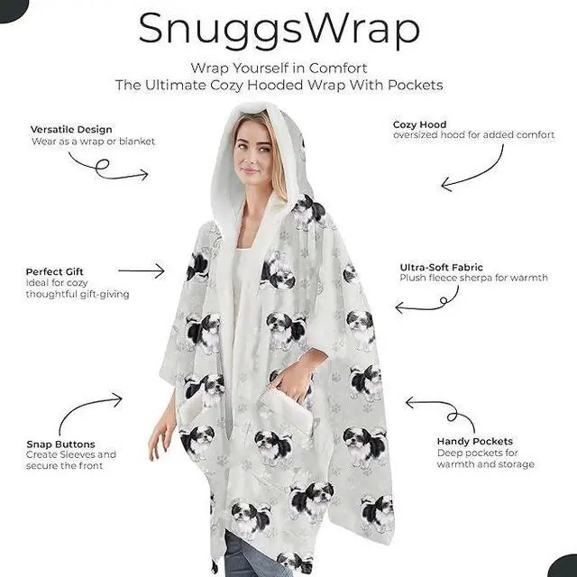 Alt view image 2 of 3 - E&S Pets Snugg Blanket Hoodie for Women Soft Fleece Wrap, Black White Shih Tzu