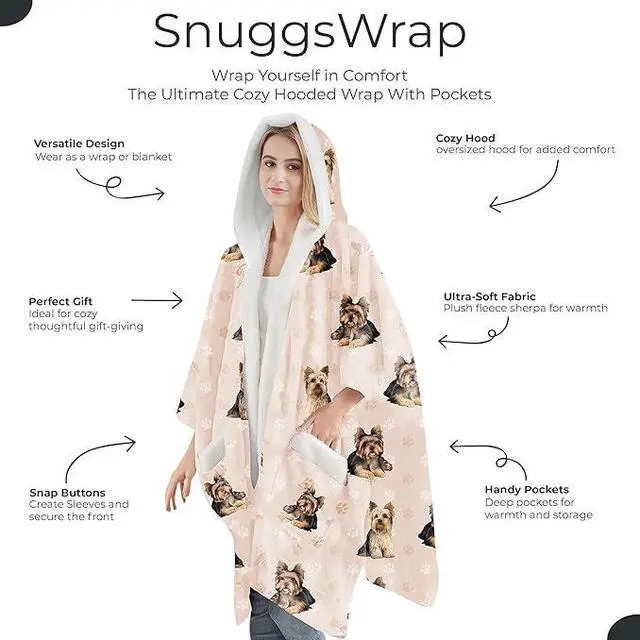 Alt view image 2 of 3 - E&S Pets Snuggs Blanket Hoodie for Women Soft Fleece Wrap, Yorkie Yorkshire