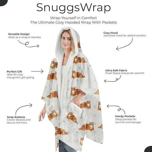 Alt view image 2 of 3 - E&S Pets Snuggs Blanket Hoodie for Women Soft Fleece Wrap, Orange Tabby Cat