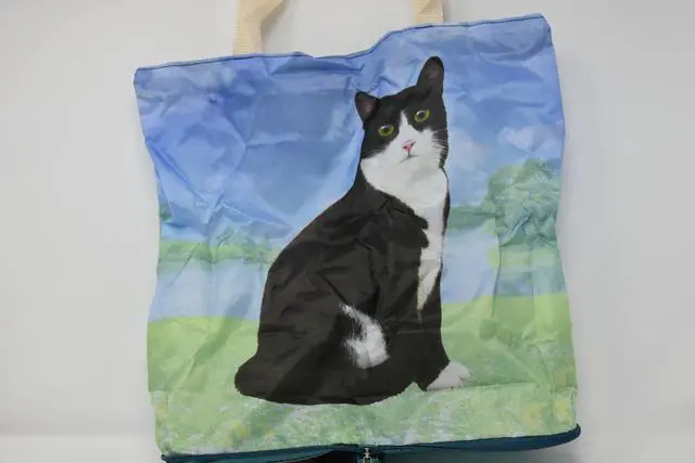 Alt view image 2 of 2 - Black and White Cat Foldable Tote Bag - Durable, Waterproof - Zipper Market Tote