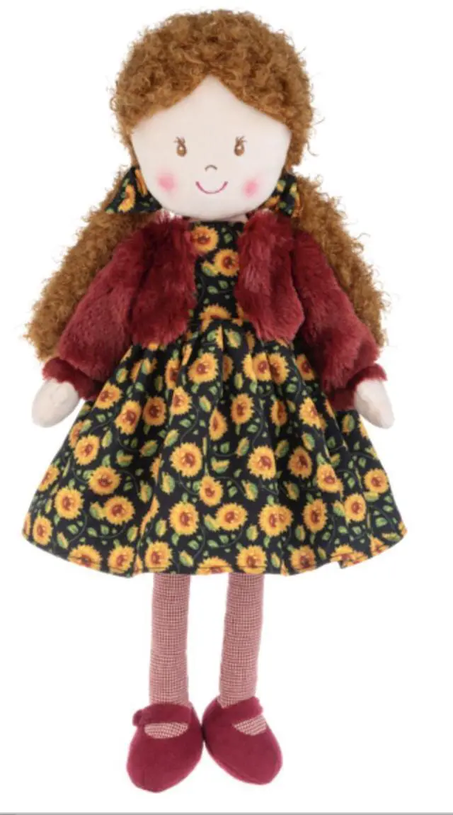 Main image of Ganz Amber Sunflower Rag Doll with Brown Curly Hair and Sunflower Dress, 20" H