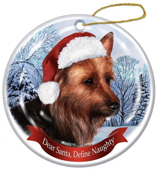 Main image of Holiday Pet Gifts Australian Terrier Santa Hat Dog Porcelain Christmas Ornament