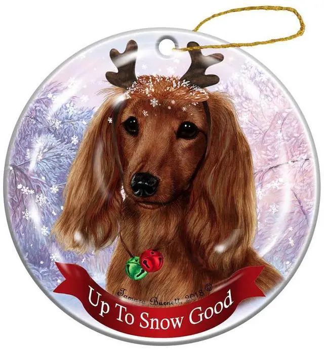 Main image of Holiday Pet Gifts Long Haired Red Dachshund Dog Porcelain Christmas Ornament
