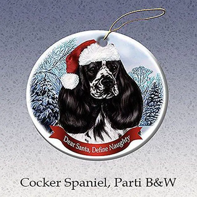 Main image of Holiday Pet Gifts Black & White Cocker Spaniel Santa Hat Dog Porcelain Ornament