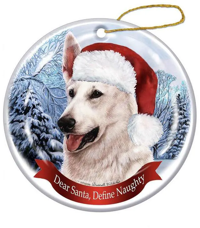 Main image of German Shepherd (White) Dog Santa Hat Christmas Ornament Porcelain USA-made