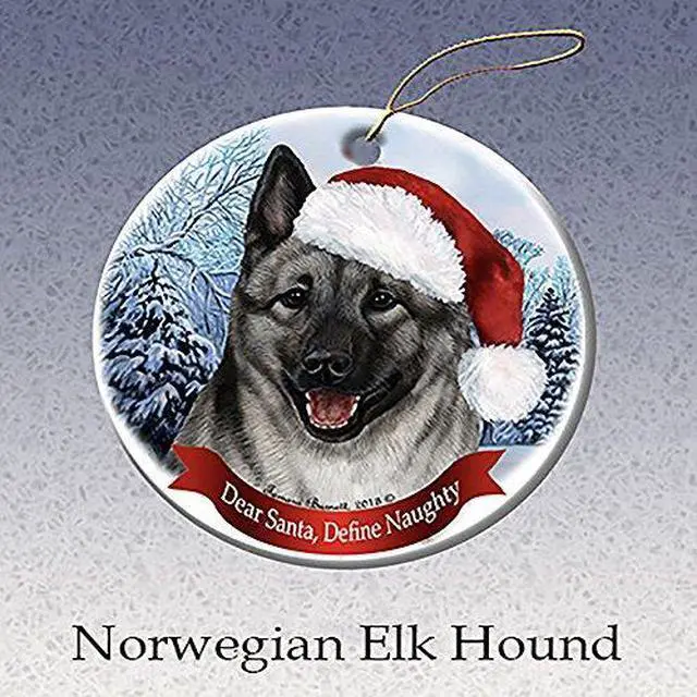 Main image of Holiday Pet Gifts Norwegian Elkhound Santa Hat Dog Porcelain Christmas Ornament