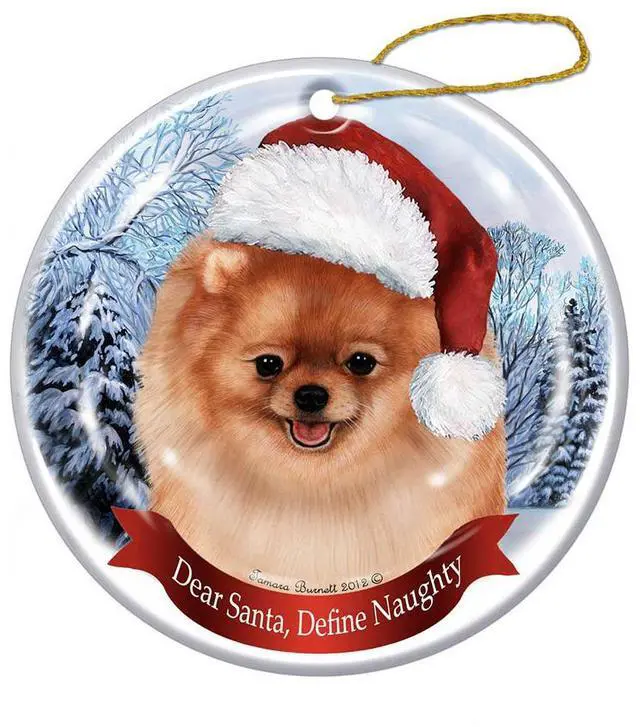 Main image of Holiday Pet Gifts Pomeranian, Orange Santa Hat Dog Porcelain Christmas Ornament