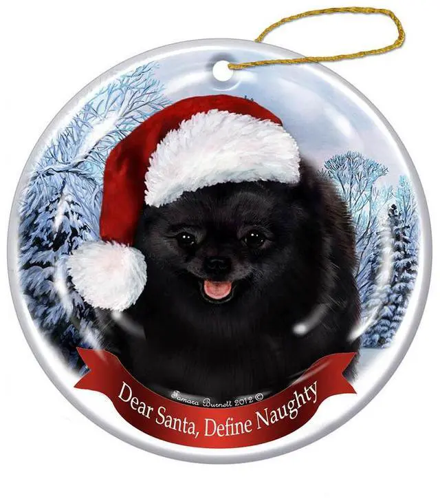 Main image of Holiday Pet Gifts Pomeranian (Blk) Santa Hat Dog Porcelain Christmas Ornament