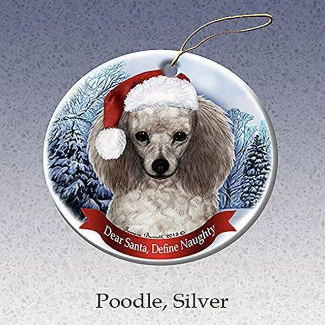 Main image of Holiday Pet Gifts Silver Poodle Santa Hat Dog Porcelain Christmas Tree Ornament