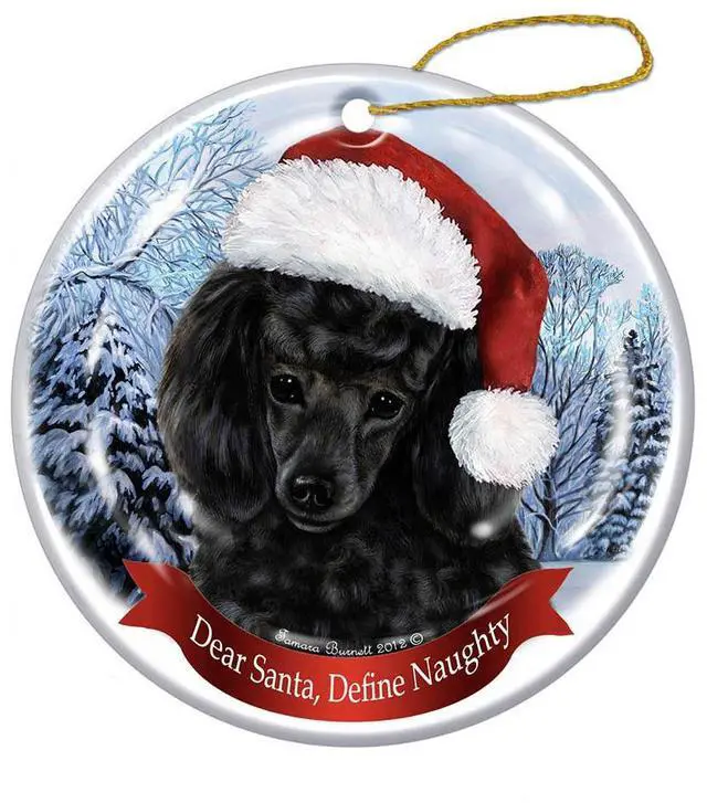 Main image of Holiday Pet Gifts Poodle (Black) Santa Hat Dog Porcelain Christmas Tree Ornament