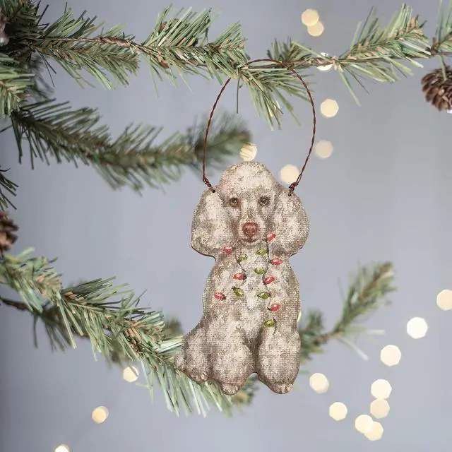 Alt view image 2 of 3 - Primitives By Kathy White Poodle with Holiday Lights Wooden Christmas Ornament