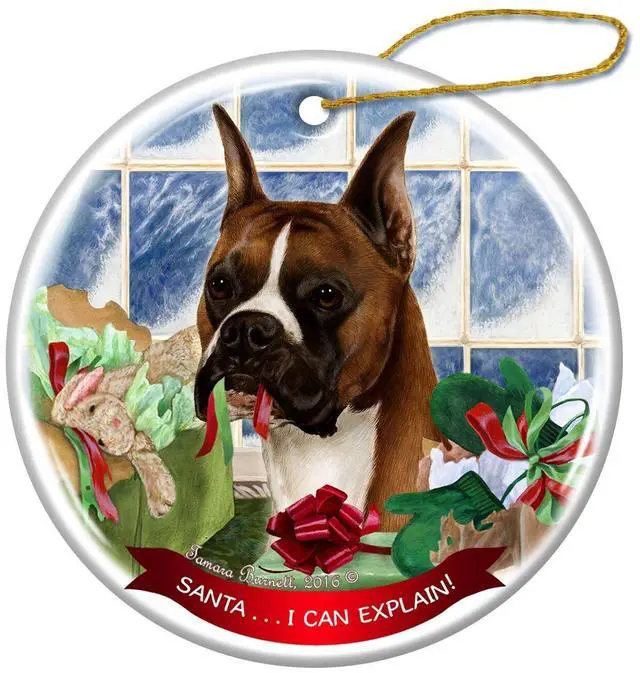 Main image of Fawn Boxer Cropped Ears Dog Porcelain Ornament 'Santa.. I Can Explain!'