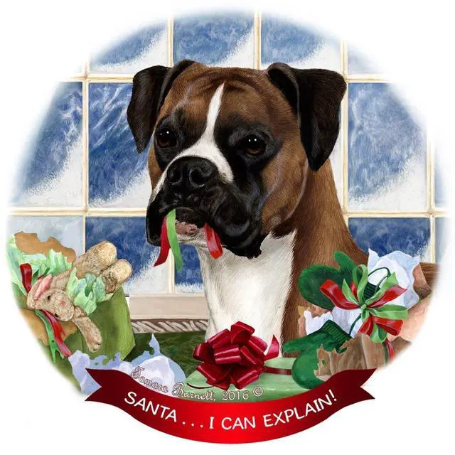 Main image of Fawn Boxer Dog Porcelain Hanging Ornament Pet Gift 'Santa.. I Can Explain!'